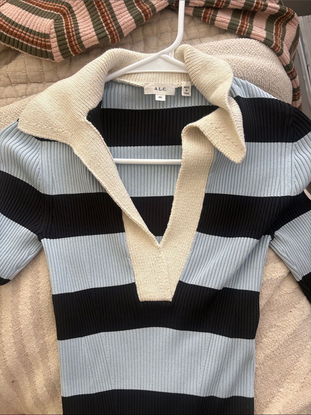 A.L.C. Ribbed V-Neck Sweater in Black, Light Blue & Cream